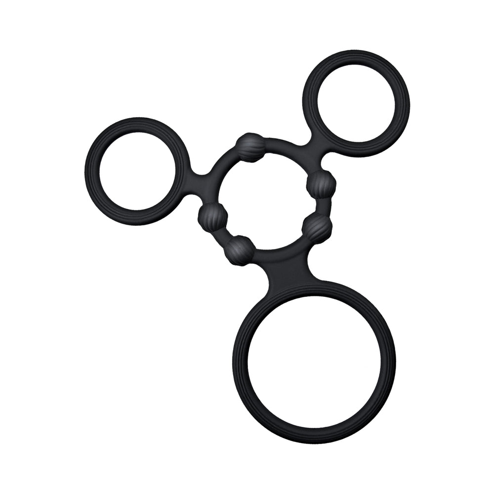 Enhancer Quad Cockring Black - a flexible 4-piece cock ring set for enhanced performance and pleasure.