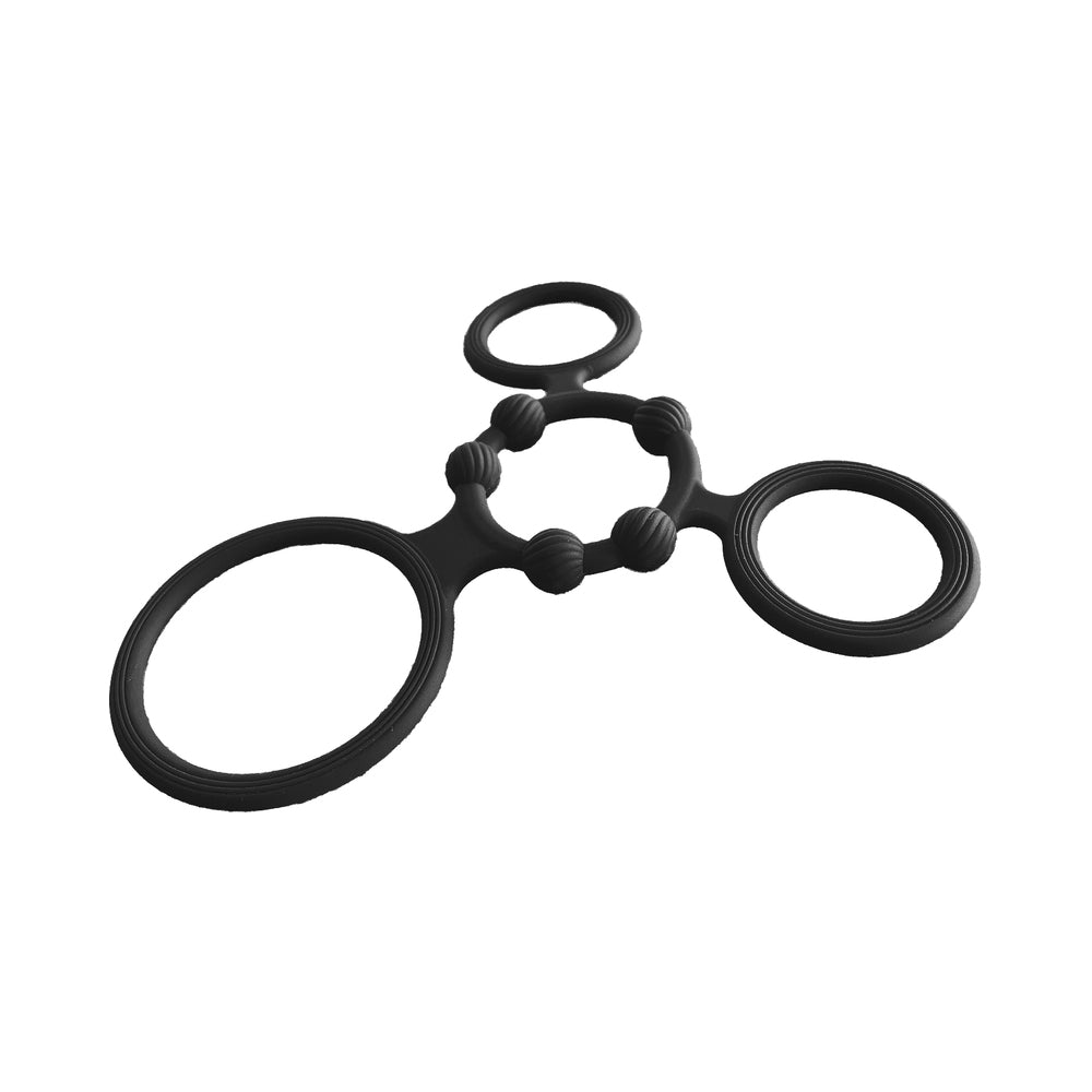 Enhancer Quad Cockring Black 4-piece flexible cock ring set designed for performance and pleasure enhancement.