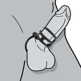 Enhancer Quad Cockring Black shown on a cartoon figure, demonstrating its flexible, reusable design for enhanced performance.