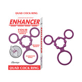 Enhancer Quad Cockring Rubine Red package with four stretchy stamina rings displayed for enhanced pleasure.
