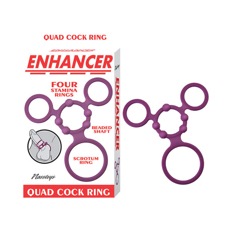 Enhancer Quad Cockring Rubine Red package with four stretchy stamina rings displayed for enhanced pleasure.