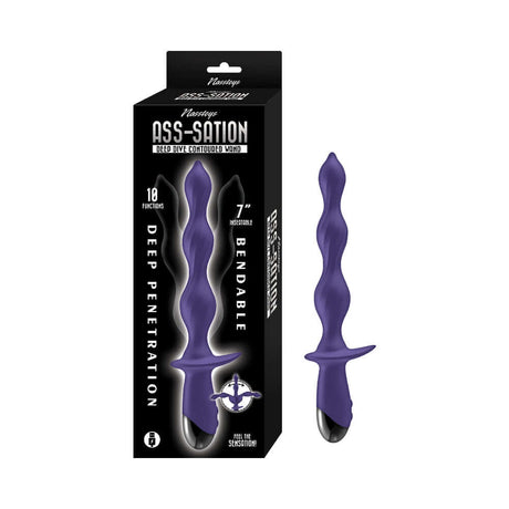 Ass-Sation Deep Dive Contoured Wand Purple in packaging, featuring a flexible, beaded design for deeper exploration.