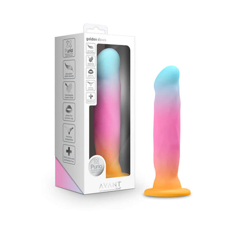 Avant Golden Dawn Artisan Dildo in packaging with colorful gradient design for enhanced pleasure.