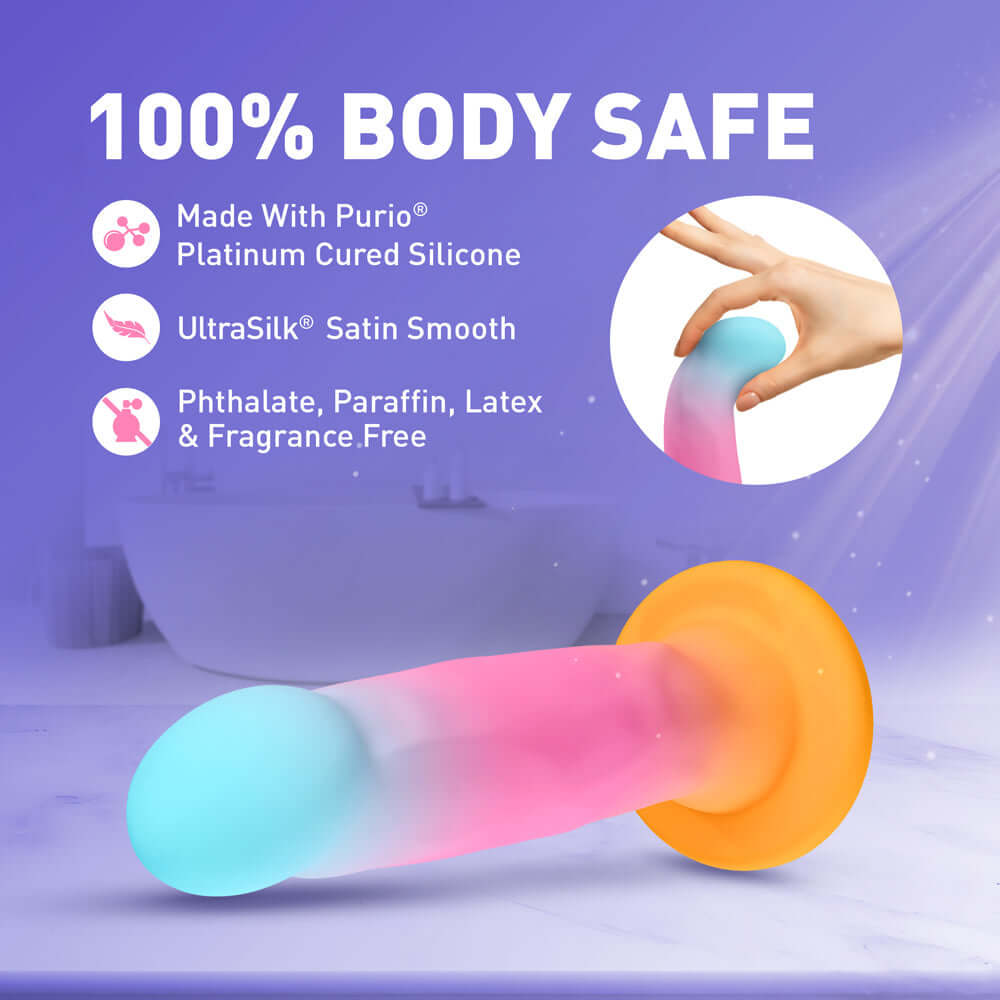 Avant Golden Dawn Artisan Dildo featured in a vibrant color palette, showcasing its body-safe materials and satin smooth finish.