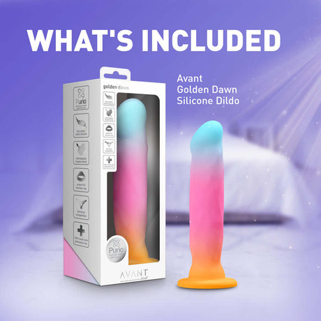 Avant Golden Dawn Artisan Dildo with packaging and colorful design, showcasing premium features and elegant style.