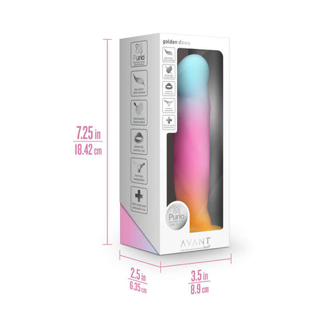 Avant Golden Dawn Artisan Dildo in packaging displaying product details and dimensions.