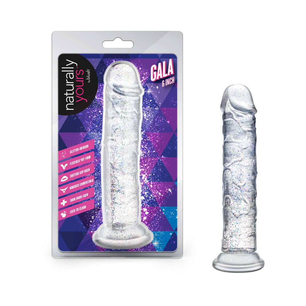 Naturally Yours Gala Sparkling Dildo Clear in packaging, showcasing its glitter-infused design and playful sophistication.