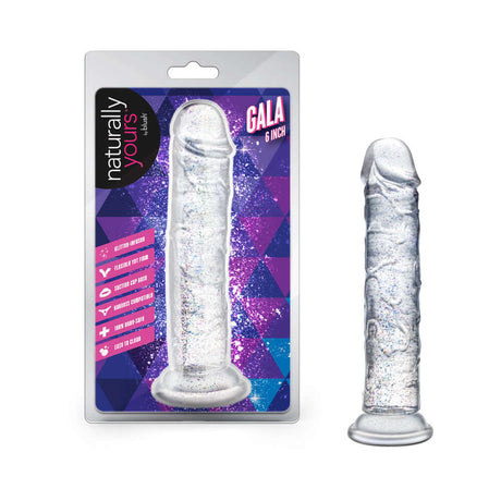 Naturally Yours Gala Sparkling Dildo Clear in packaging, showcasing its glitter-infused design and playful sophistication.