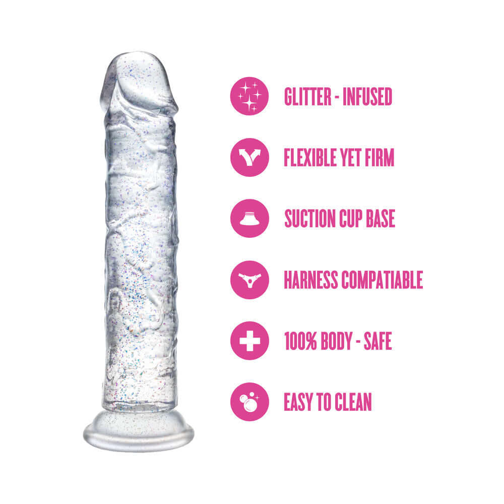 Naturally Yours Gala Sparkling Dildo Clear, a glitter-infused clear dildo with firm flexibility and suction cup base.