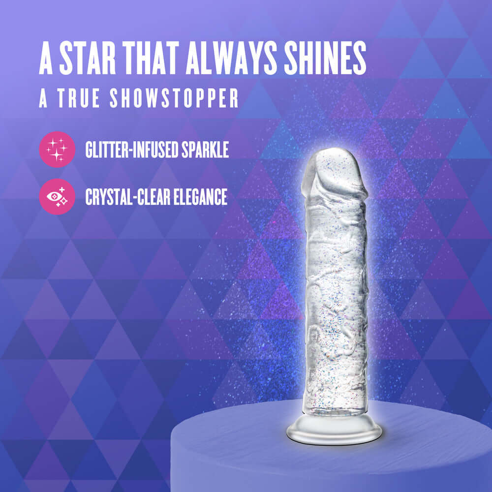 Naturally Yours Gala Sparkling Dildo Clear on display with glitter-infused sparkle and crystal-clear elegance.