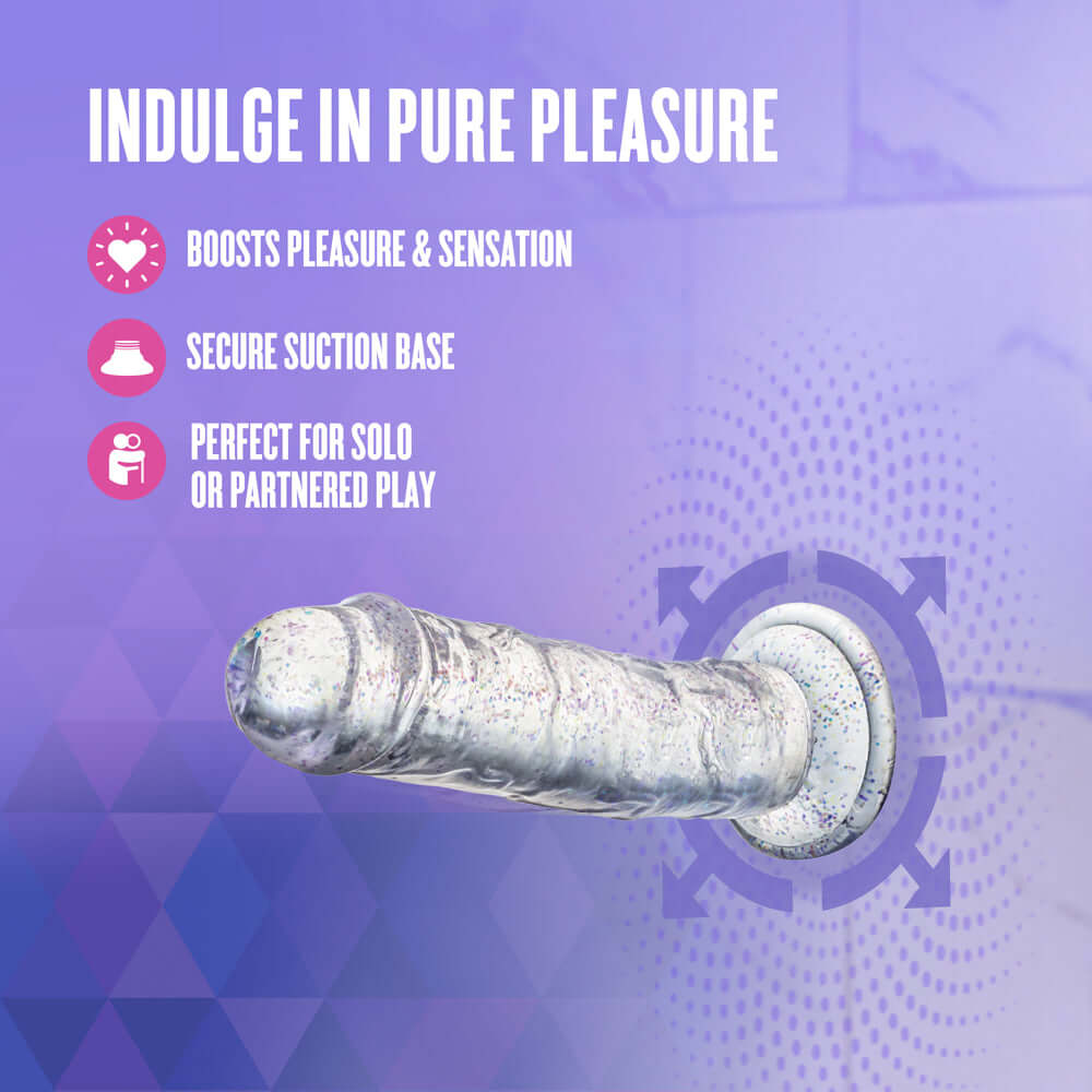 Naturally Yours Gala Sparkling Dildo Clear featuring a secure suction base for solo or partnered play.