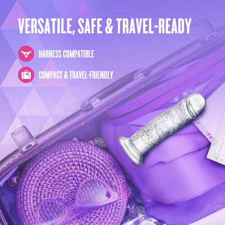 Naturally Yours Gala Sparkling Dildo Clear in a travel bag, showcasing versatility, safety, and travel-readiness.