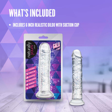 Naturally Yours Gala Sparkling Dildo Clear with packaging, showcasing 6 inch realistic dildo with suction cup.