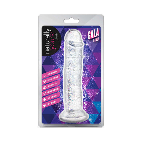 Naturally Yours Gala Sparkling Dildo Clear packaging displaying a glitter-infused 6-inch design.