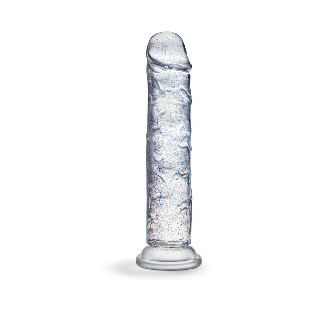 Naturally Yours Glamor Sparkling Dildo Clear with a glitter-infused design, showcasing its radiant clear color.