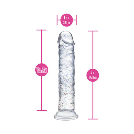 Naturally Yours Glamor Sparkling Dildo Clear showing dimensions and design details with shimmering effect.