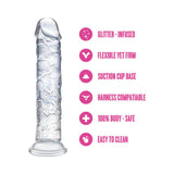 Naturally Yours Glamor Sparkling Dildo Clear with glitter infusion and suction cup base, flexible yet firm.