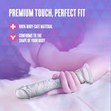 Naturally Yours Glamor Sparkling Dildo Clear on a soft surface highlighting premium touch and body-safe material.