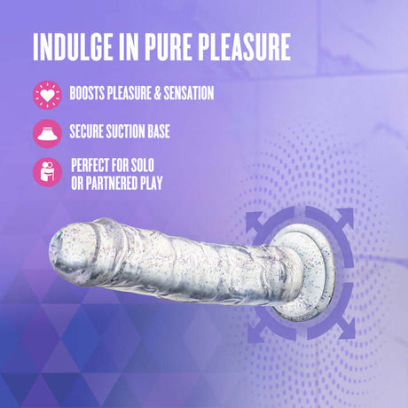Naturally Yours Glamor Sparkling Dildo Clear with secure suction base for solo or partnered pleasure