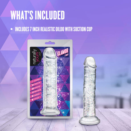 Naturally Yours Glamor Sparkling Dildo Clear, 7 inch realistic dildo with suction cup, perfectly glitter-infused.