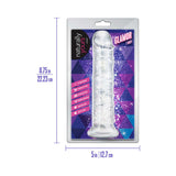 Naturally Yours Glamor Sparkling Dildo Clear packaging showing dimensions and glitter effect.