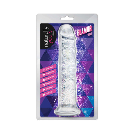 Naturally Yours Glamor Sparkling Dildo Clear in packaging with glittery design and 7 inch length.