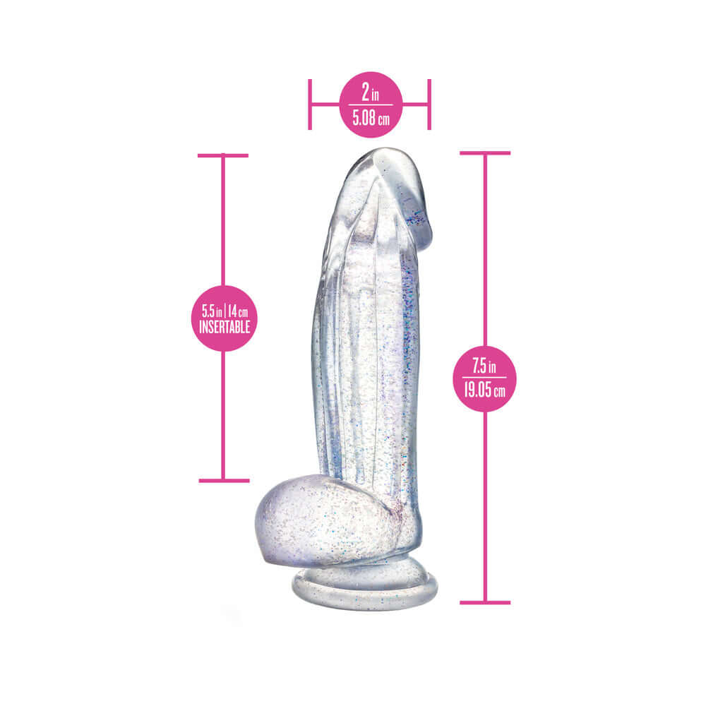 Naturally Yours Bling Sparkling Dildo Clear with glittering effects and measurement details for a stunning pleasure experience.