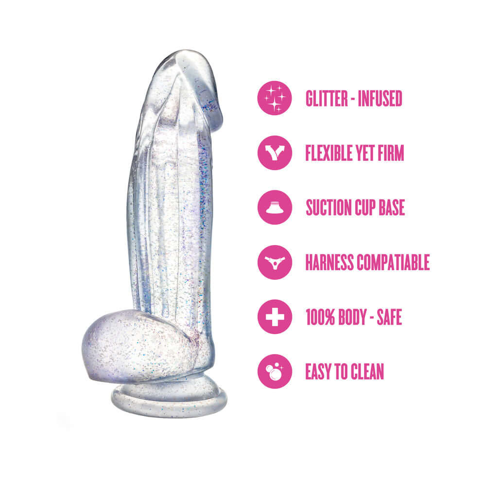 Naturally Yours Bling Sparkling Dildo Clear with glitter, flexible design, suction cup base, and easy to clean.