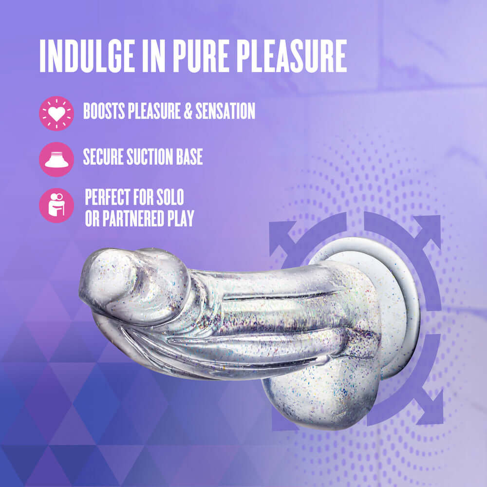 Naturally Yours Bling Sparkling Dildo Clear with a secure suction base for pleasure and partnered play.