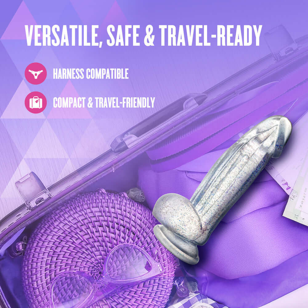 Naturally Yours Bling Sparkling Dildo Clear in travel-friendly bag with compact accessories
