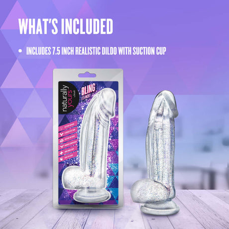 Naturally Yours Bling Sparkling Dildo Clear displayed with packaging and suction cup on a colorful background.