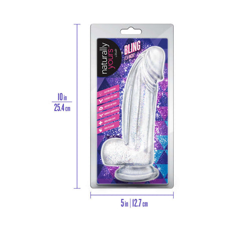 Naturally Yours Bling Sparkling Dildo Clear packaging featuring glittering design and dimensions.