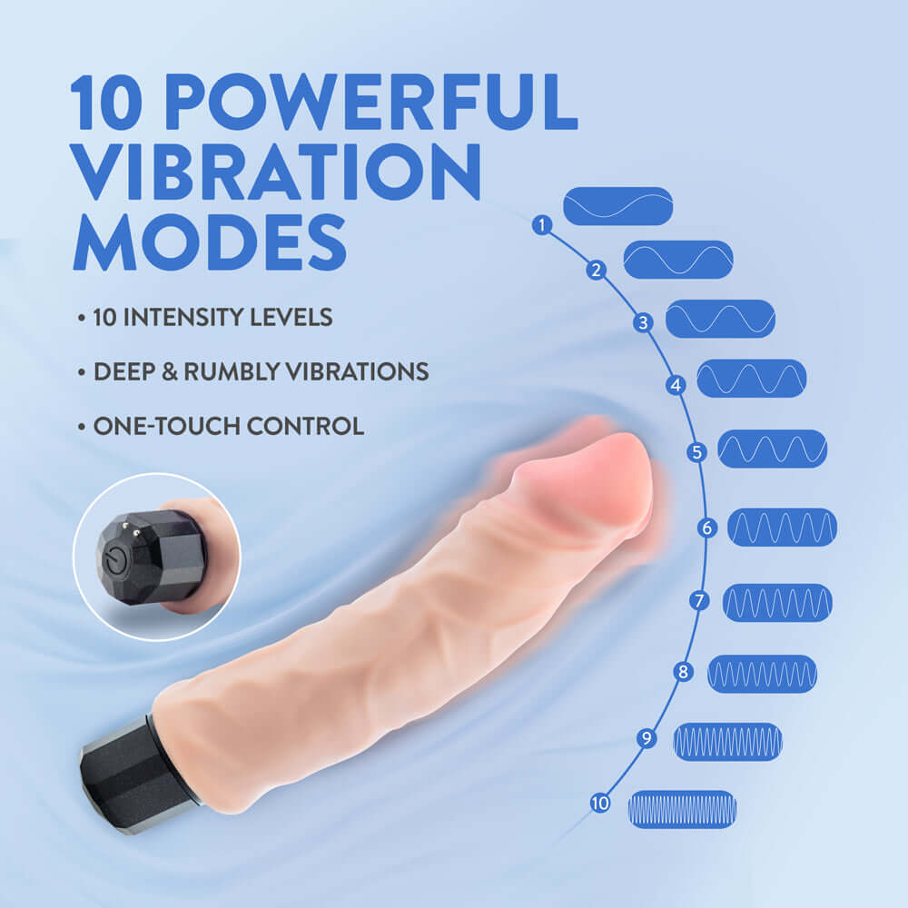 Au Naturel Big Easy Vibrating Dildo Beige showcasing 10 powerful vibration modes and one-touch control.