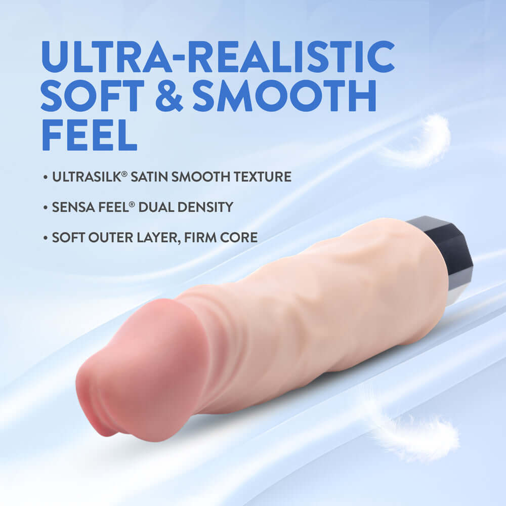Au Naturel Big Easy Vibrating Dildo Beige showcasing its ultra-realistic soft and smooth feel with dual-density design.