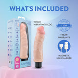 Au Naturel Big Easy Vibrating Dildo Beige in packaging with 9-inch size, includes USB charger and warranty information.
