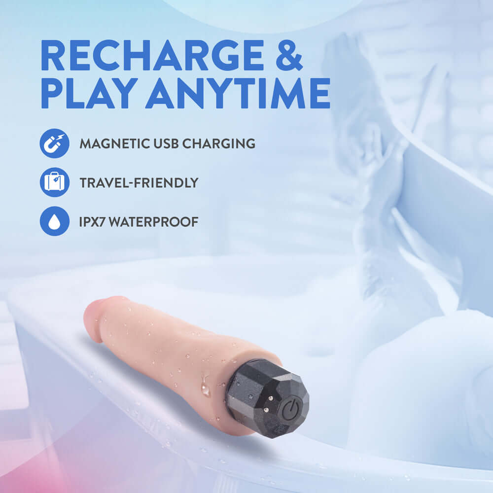 Au Naturel 8.75 inch Vibrating Dildo Vanilla Ice Beige with USB charging features and waterproof design.