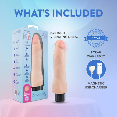 Au Naturel 8.75 inch Vibrating Dildo Vanilla Ice Beige with 1-year warranty and magnetic USB charger.