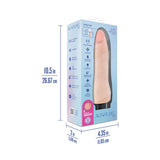 Au Naturel 8.75 inch Vibrating Dildo Vanilla Ice Beige packaging with dimensions and features