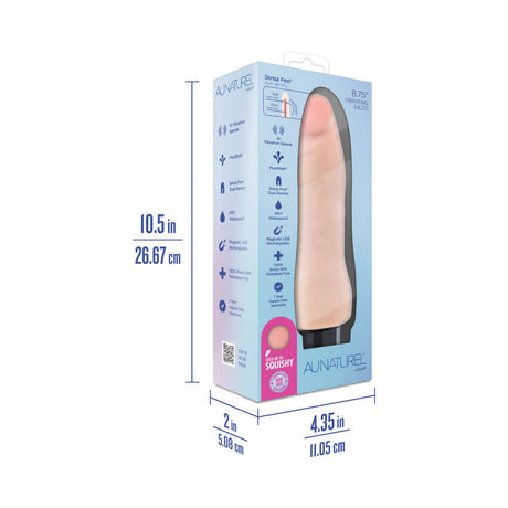 Au Naturel 8.75 inch Vibrating Dildo Vanilla Ice Beige packaging with dimensions and features