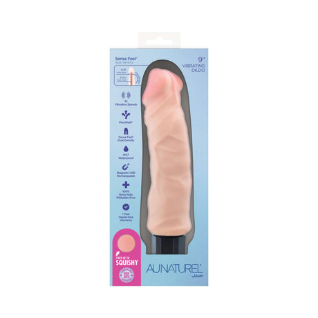 Au Naturel 8.75 inch Vibrating Dildo Vanilla Ice Beige in packaging with sensory features and specifications.
