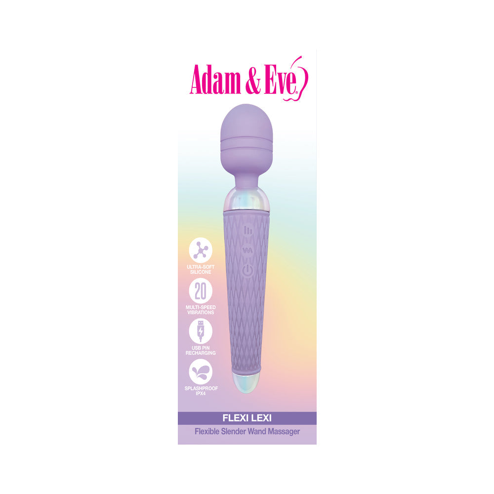 Adam and Eve Flexi Lexi Flexible Slender Wand Massager in lavender with 20 functions and waterproof design.