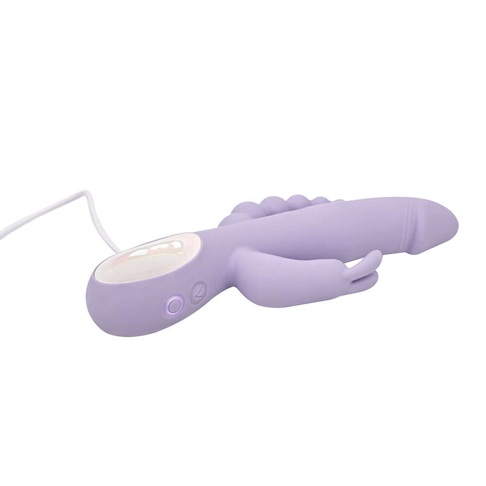 Adam and Eve Thrust Bunny Triple-Stimulating Rabbit Vibrator in lavender color with thrusting and vibrating features.