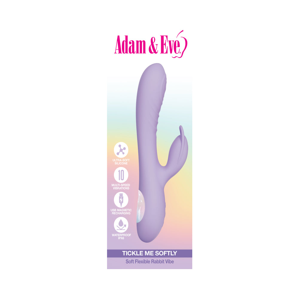 Adam and Eve Tickle Me Softly Soft Flexible Rabbit Vibe packaging featuring a soft purple design.
