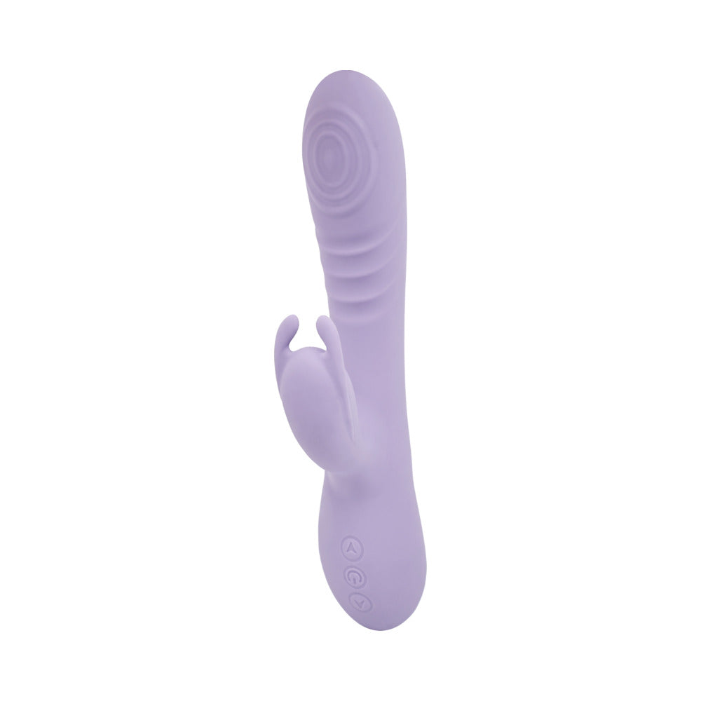 Adam and Eve Tickle Me Softly Soft Flexible Rabbit Vibe in purple silicone design for dual stimulation.