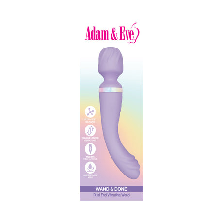 Adam and Eve Wand and Done Dual End Vibrating Wand in purple, showcasing its sleek design and dual-action features.