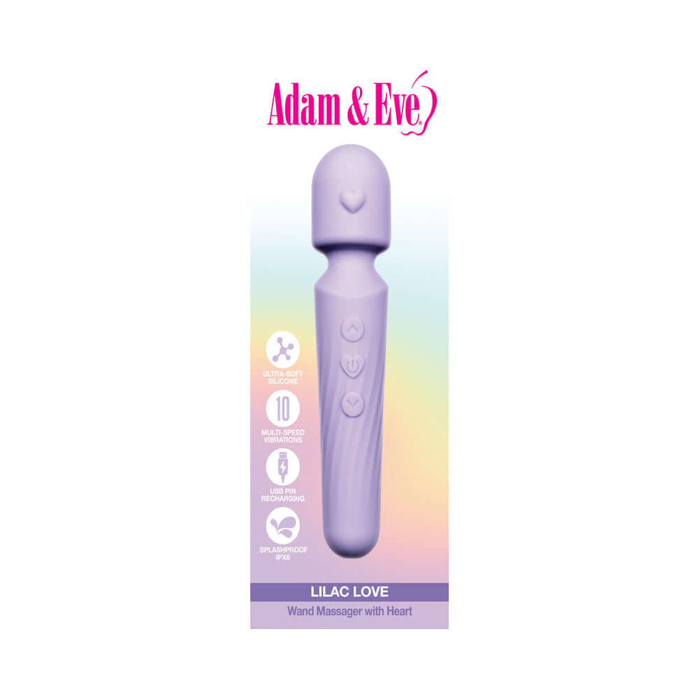Adam and Eve Lilac Love Wand Massager with heart design and 10 vibrating modes, splashproof and USB rechargeable.