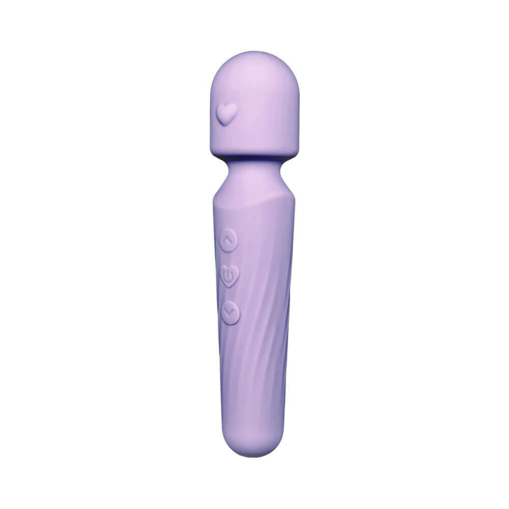 Adam and Eve Lilac Love Wand Massager in soft lilac silicone with heart head and buttons for vibration control.