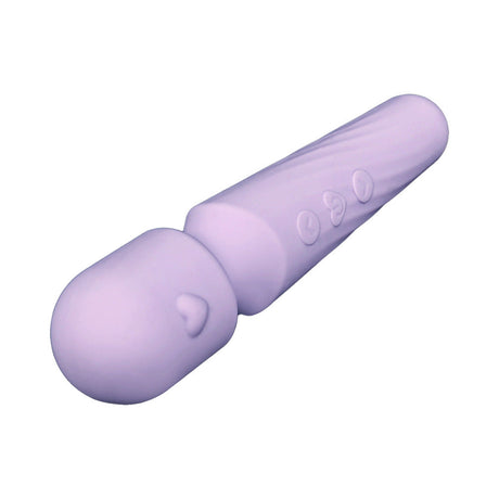 Adam and Eve Lilac Love Wand Massager in purple silicone, featuring heart-shaped head and control buttons.