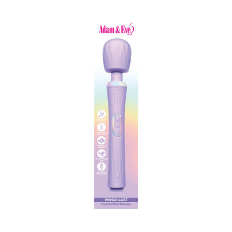 Adam and Eve Wanda Lust Powerful Wand Massager in lavender color with sleek design and control buttons.