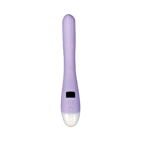 Adam and Eve Finger Wag LED Oscillating G-spot Vibrator in purple, featuring buttons and a soft silicone design.
